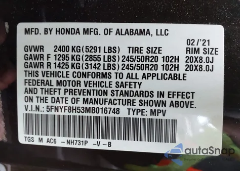 2021 Honda Passport Awd Ex-L from USA, damaged, VIN 5FNYF8H53MB016748
